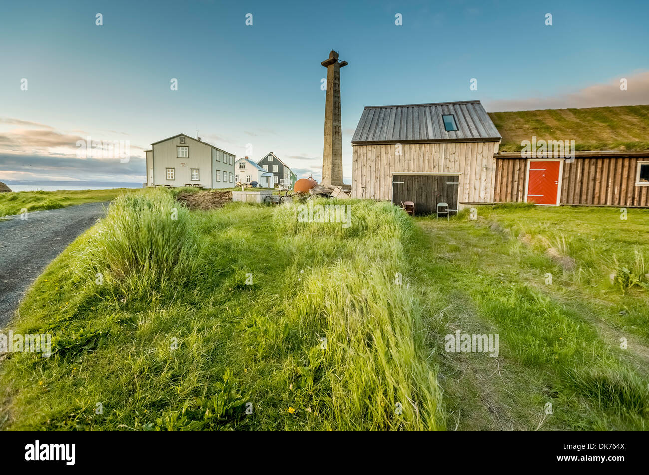 Lookout tower and homes on Flatey Island, Breidafjordur, Iceland Stock Photo