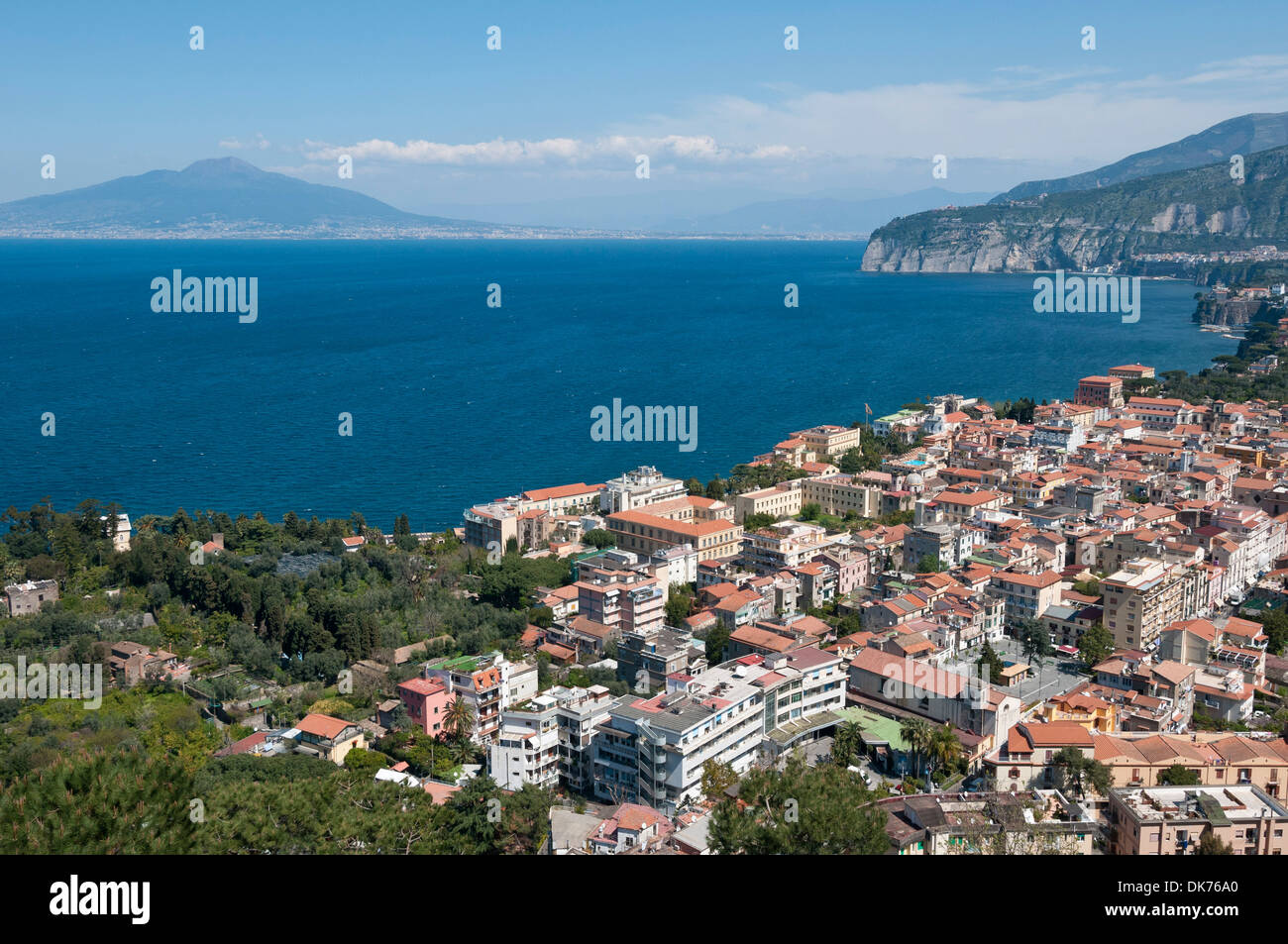 Sorrento. Italy. Aerial view of Sorrento and the Bay of Naples with Mount Vesuvius in the background (left). Stock Photo