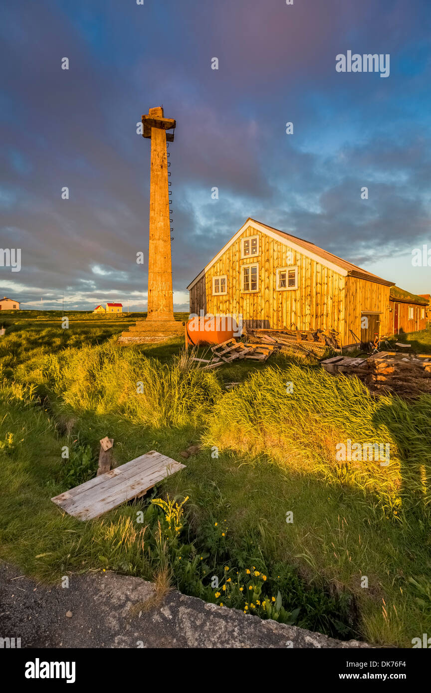 Lookout tower and homes on Flatey Island, Breidafjordur, Iceland Stock Photo
