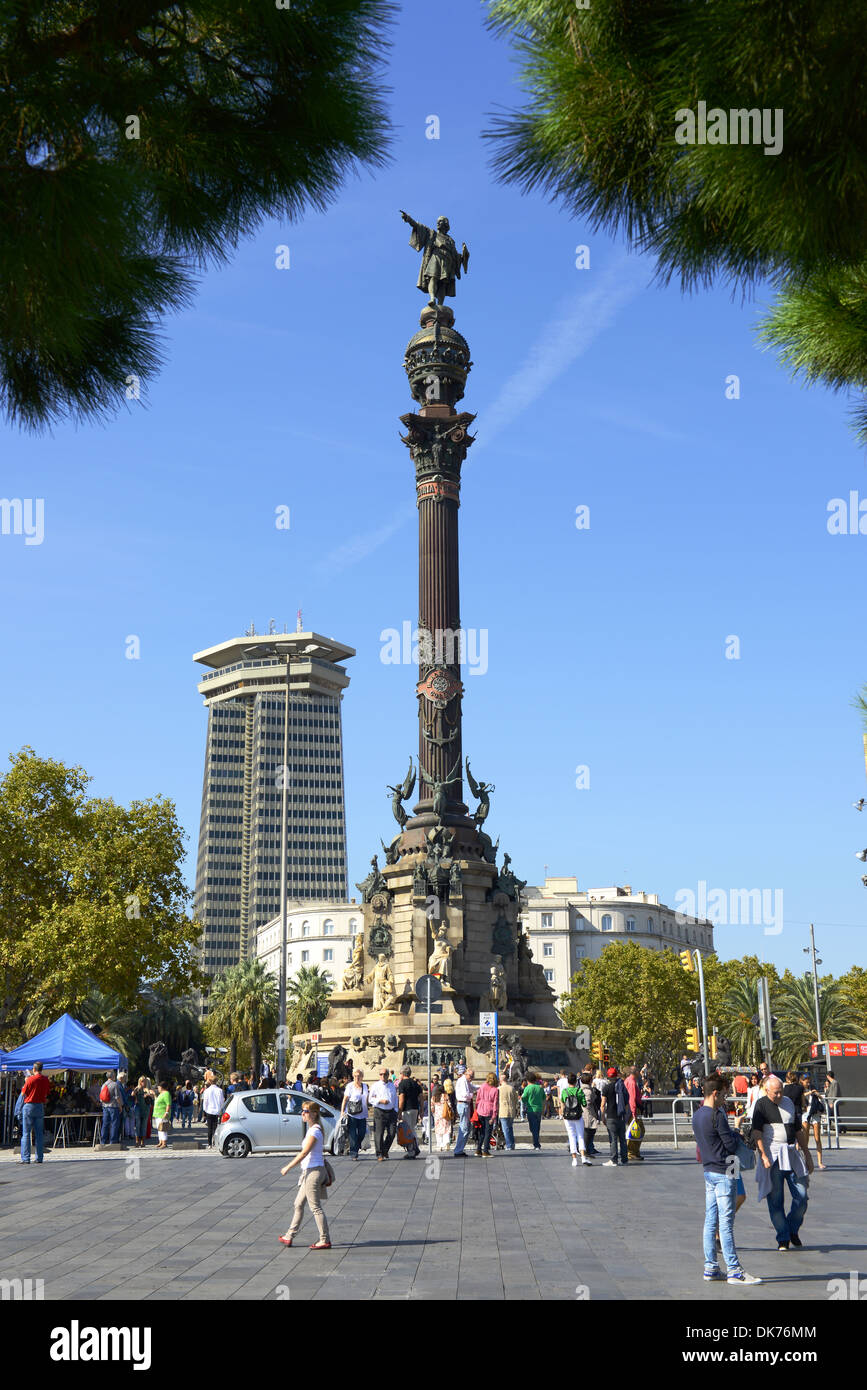 Statue of Christopher Columbus on top of the Mirador de Colon monument, Catalonia, Barcelona, Spain. Stock Photo