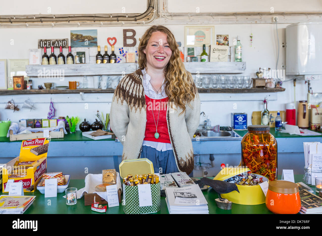 Woman working at local shop on Flatey Island, Breidafjordur, Iceland Stock Photo