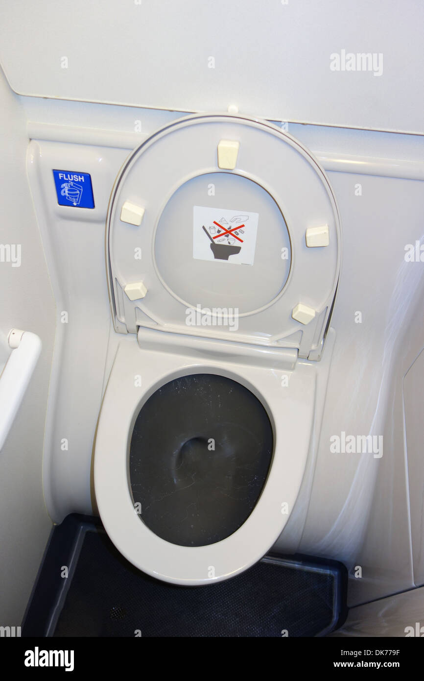 Toilet on airplane, toilet on commercial jet airliner Stock Photo