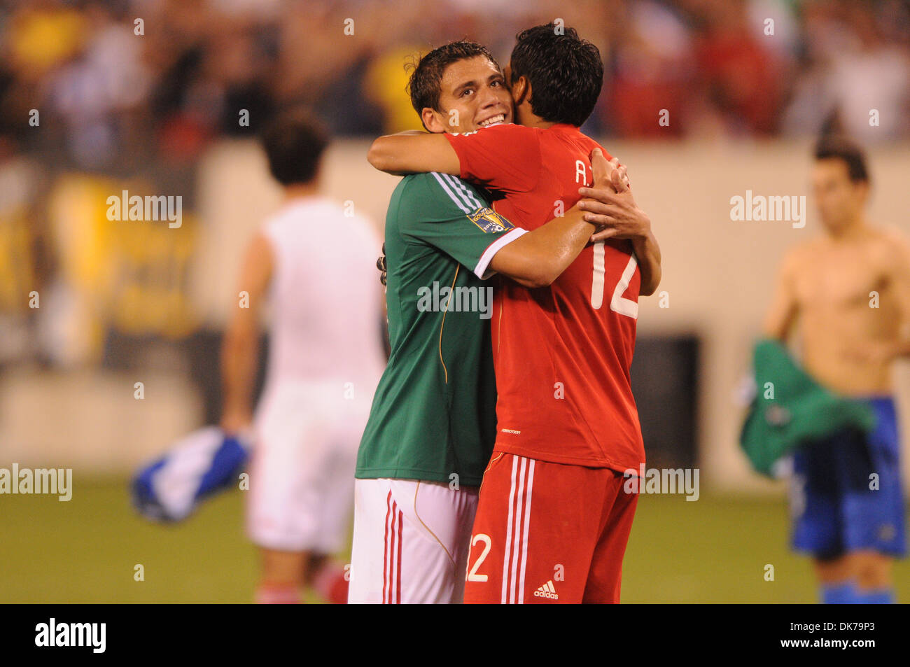 June 18, 2011 - East Rutherford, New Jersey, U.S - Mexico's goalkeeper Alfredo  Talavera (12) celebrates with teammate Hector Moreno (15) during second  half CONCACAF Gold Cup soccer quarterfinal action where Mexico