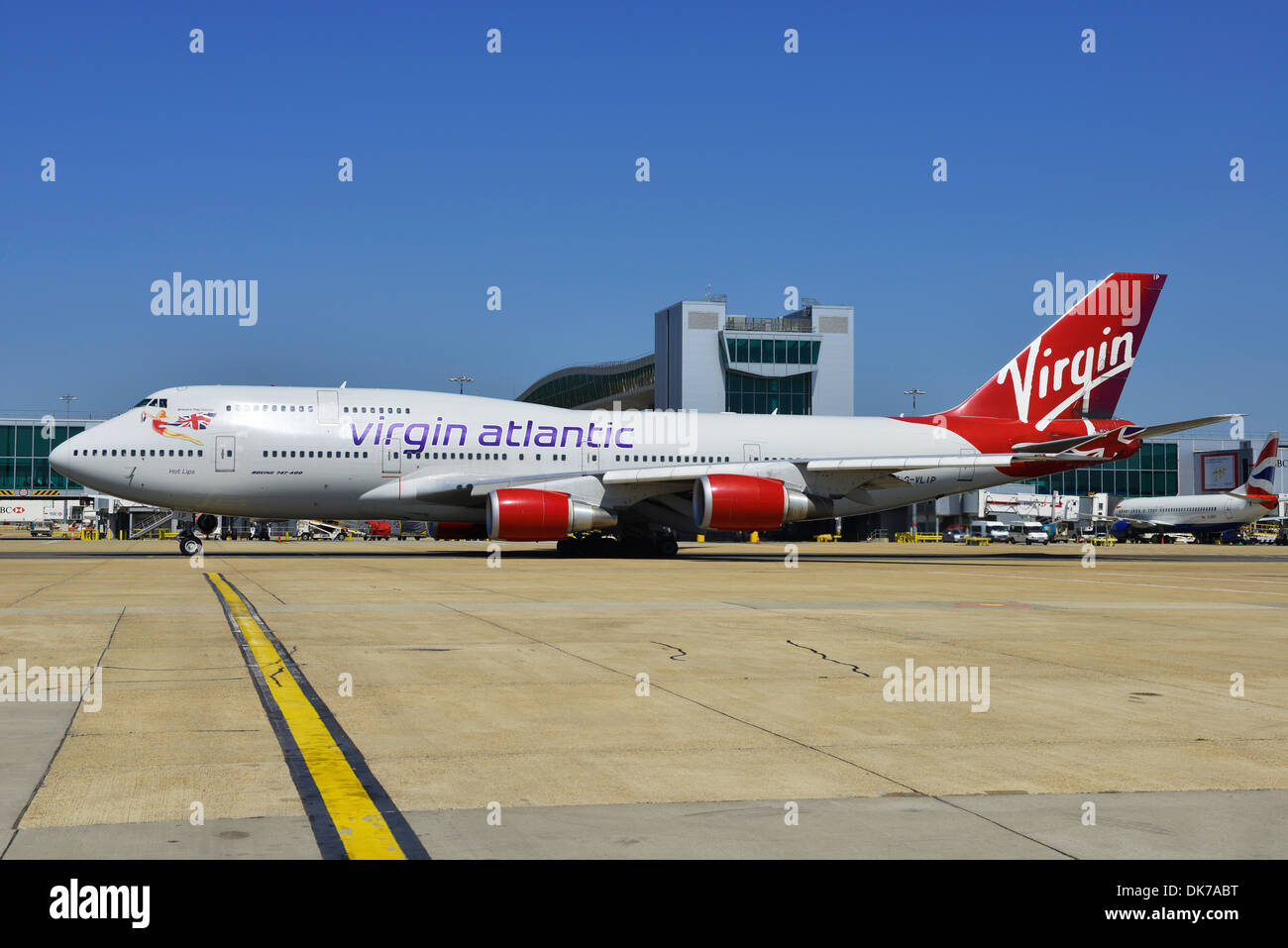 Virgin Atlantic Boeing 747 at Gatwick Airport Terminal, London, Britain, UK Stock Photo