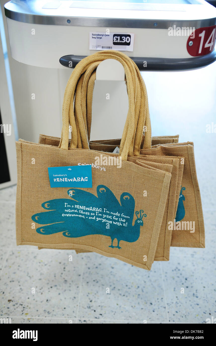 Supermarket interior showing reusable bags, Britain, UK Stock Photo