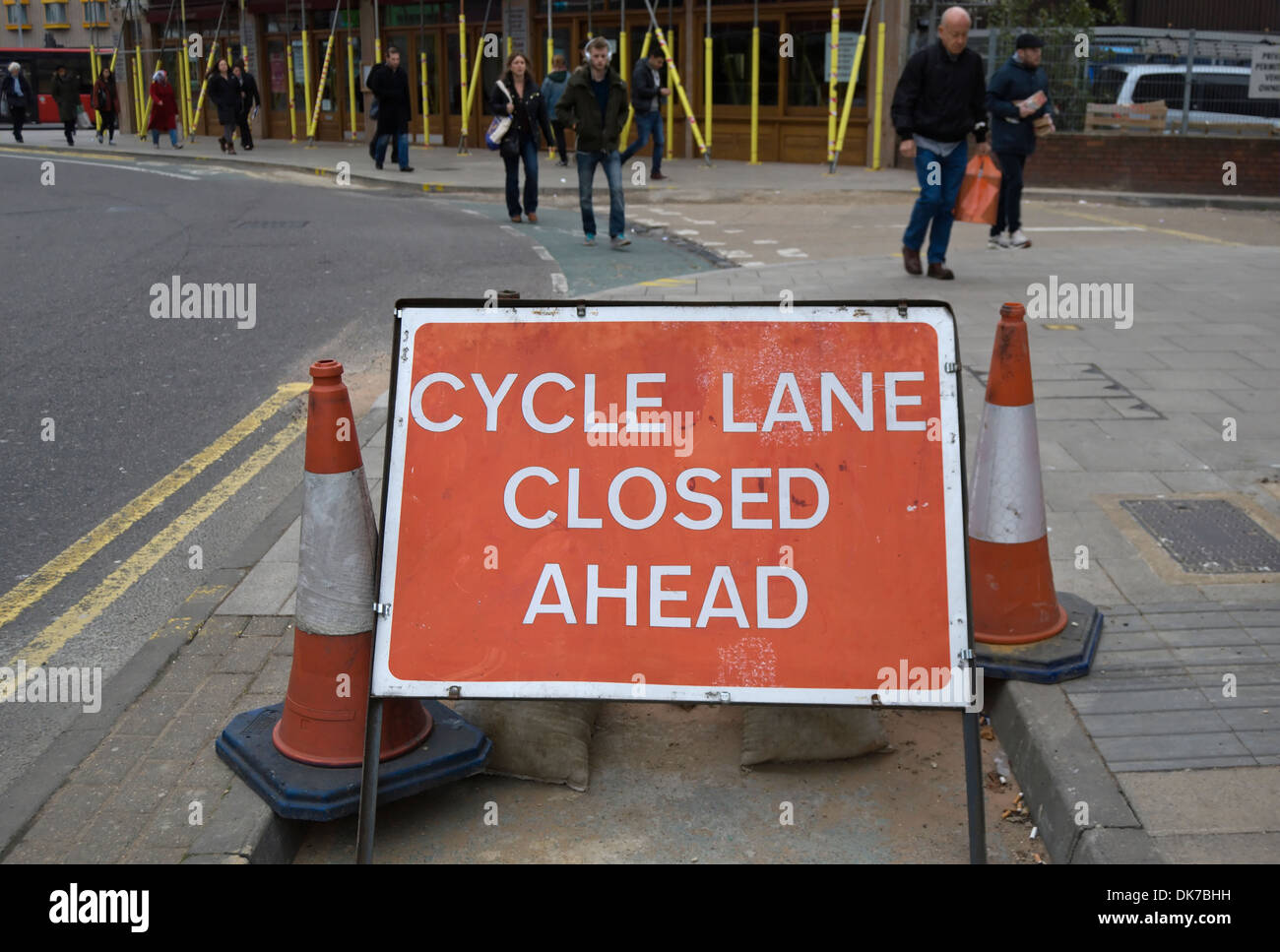 cycle lane closed ahead road sign in kingston upon thames, surrey, england Stock Photo