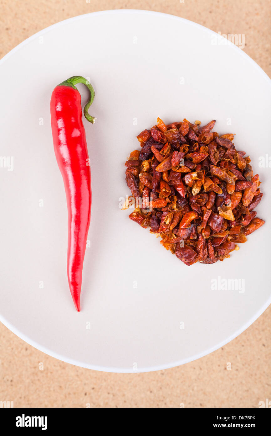Close of red chili peppers on plate. Stock Photo