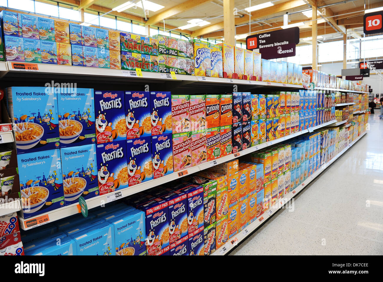 Supermarket interior showing breakfast cereals, Britain, UK Stock Photo
