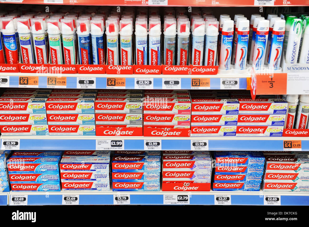 Supermarket interior showing Colgate toothpaste, Britain, UK Stock