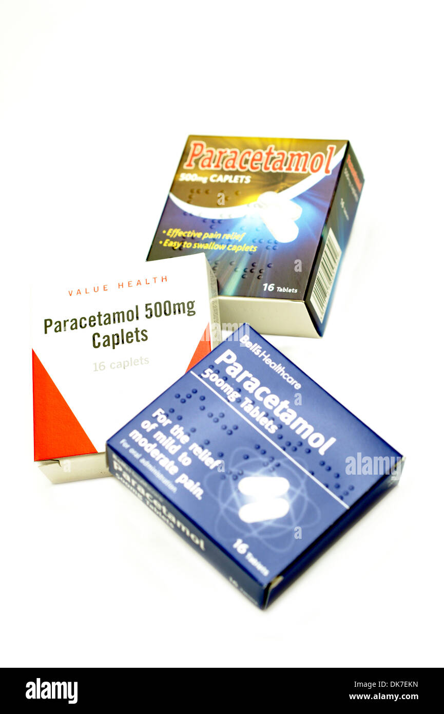 Generic packs of paracetamol tablets for the relief of mild to moderate pain Stock Photo
