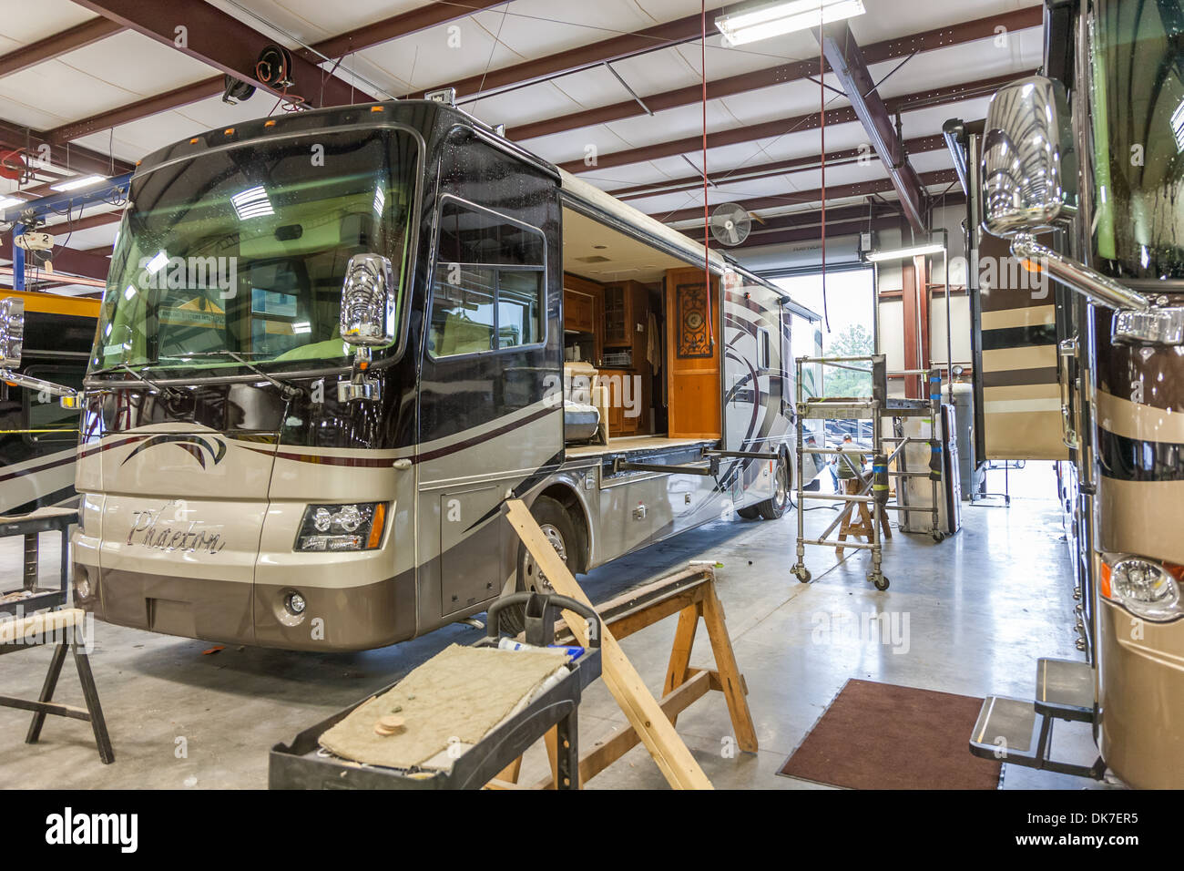 Motorhome with slide removed for service at Tiffin Motorhomes factory in Red Bay, Alabama, USA Stock Photo