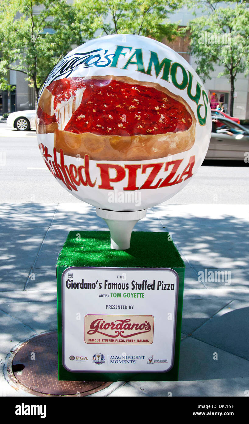 Giordano’s Famous Stuffed Pizza A series of giant golf balls on display in Chicago’s Michigan Avenue as part of an exhibit to Stock Photo