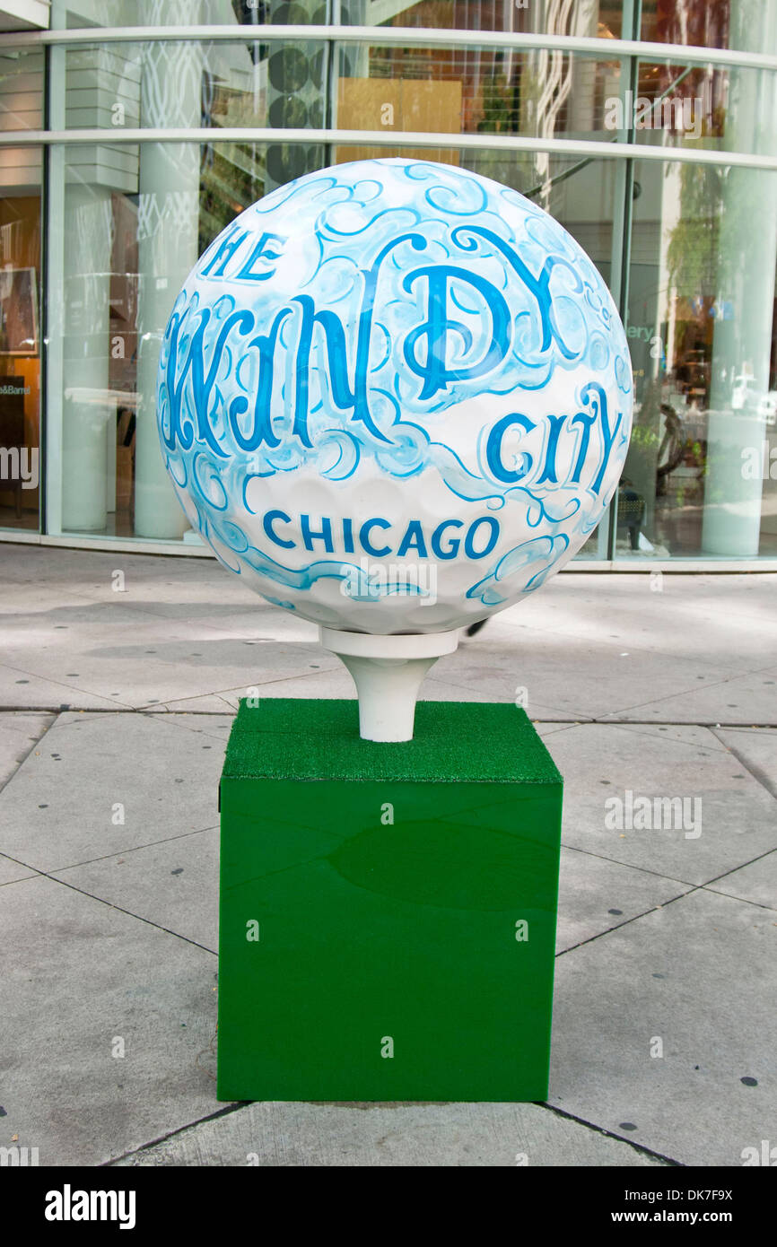 The Windy City A series of giant golf balls on display in Chicago’s Michigan Avenue as part of an exhibit to promote this Stock Photo