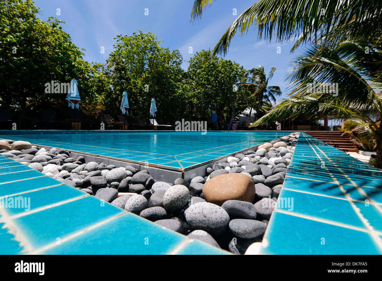 swimming pool on a quiet paradise island resort Stock Photo