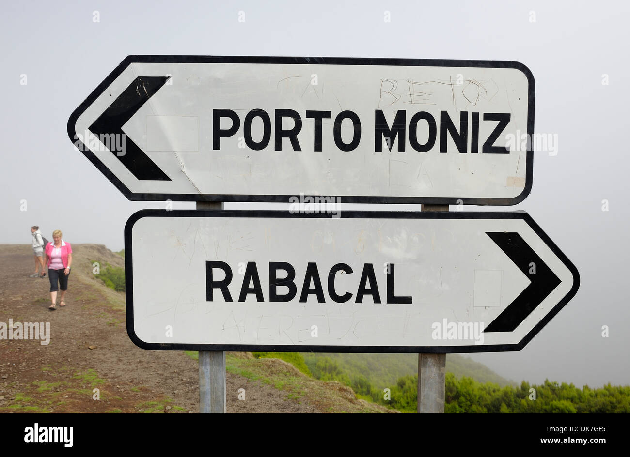 Madeira Portugal. Roadsigns to Porto Moniz and Rabacal Stock Photo