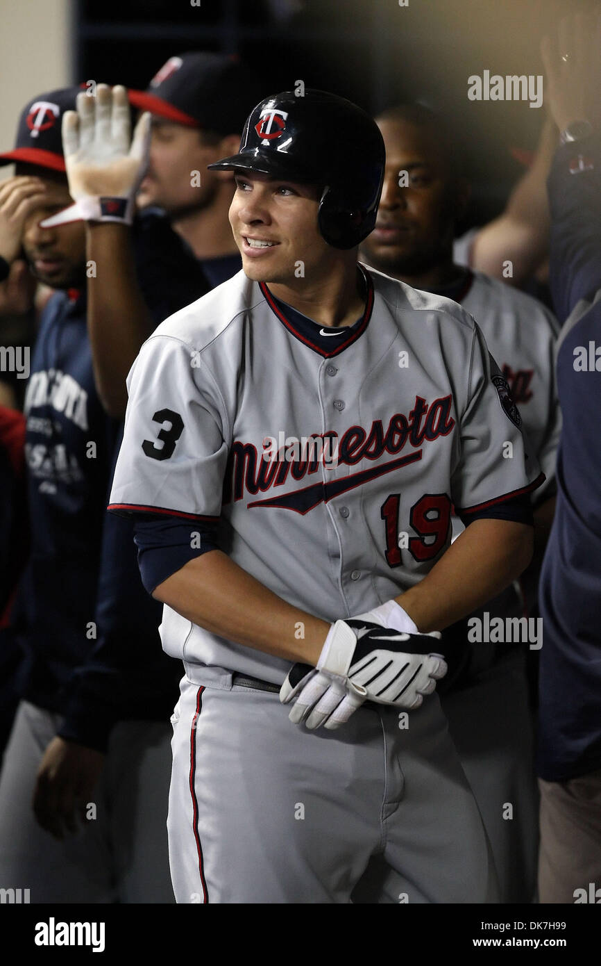 June 24, 2011 - Milwaukee, Wisconsin, U.S - Minnesota Twins third baseman Danny Valencia #19 after hitting a three run homer in the 6th inning.The Milwaukee Brewers are hosting the Minnesota Twins at Miller Park in Milwaukee. (Credit Image: © John Fisher/Southcreek Global/ZUMAPRESS.com) Stock Photo