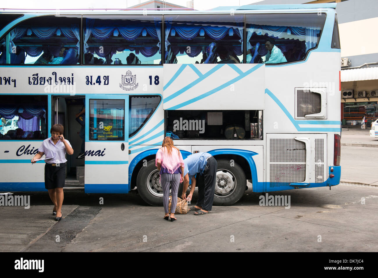 Double deck Gov. bus to Chiang Mai, Mo Chit, Bangkok, Thailand Stock Photo