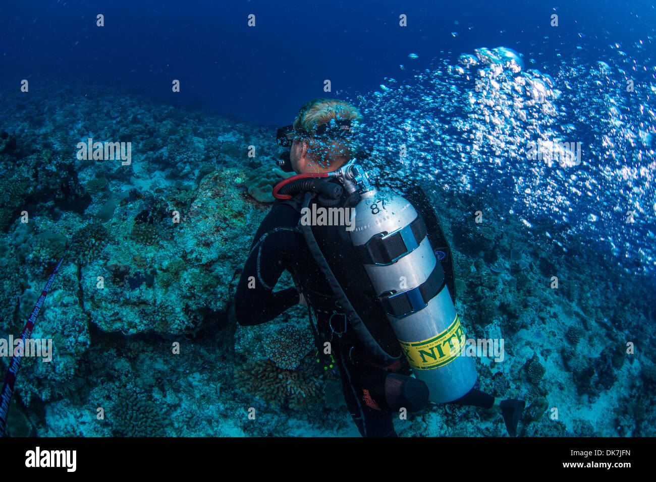Diver holding reef in current Stock Photo