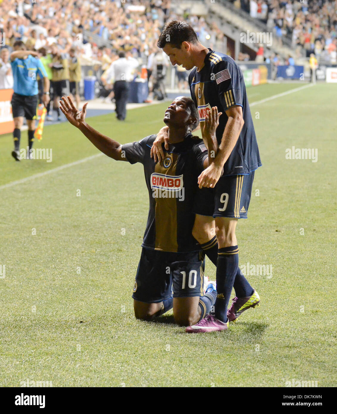 June 25, 2011 - Chester, PA, USA - Philadelphia Union FW, DANNY MWANGA, looks to the heavens in celebration with SEBASTIEN LE TOUX after scoring the winning goal for the Union. The Union played Chivas USA at PPL Park in Chester Pa. The Union won the match 3-2. (Credit Image: © Ricky Fitchett/ZUMAPRESS.com) Stock Photo