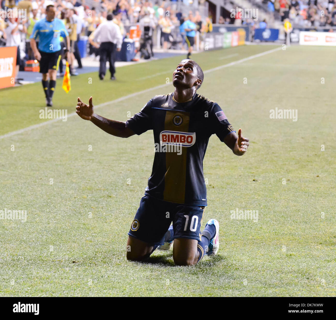 June 25, 2011 - Chester, PA, USA - Philadelphia Union FW, DANNY MWANGA, looks to the heavens in celebration after scoring the winning goal for the Union. The Union played Chivas USA at PPL Park in Chester Pa. The Union won the match 3-2. (Credit Image: © Ricky Fitchett/ZUMAPRESS.com) Stock Photo