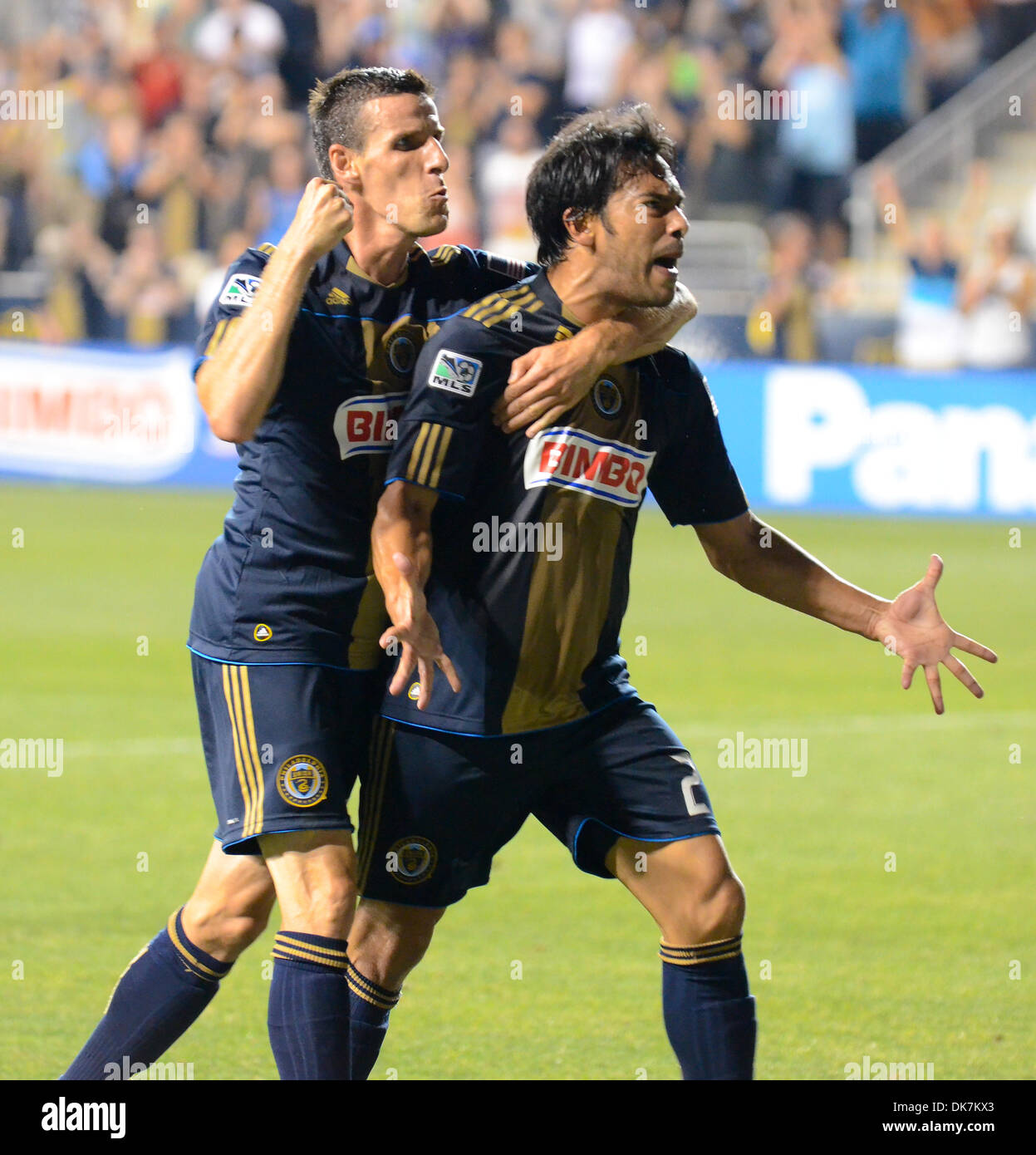 June 25, 2011 - Chester, PA, USA - Philadelphia Union's FW, CARLOS RUIZ, and SEBASTIEN LE TOUX, celebrate after RUIZ'S scores the second gaol for the Union during the match with the Philadelphia Union. The Union played Chivas USA at PPL Park in Chester Pa. The Union won the match 3-2. (Credit Image: © Ricky Fitchett/ZUMAPRESS.com) Stock Photo