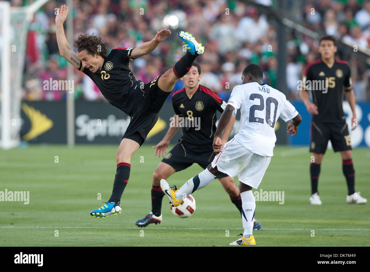 June 25, 2011 - Pasadena, California, U.S - Mexico midfielder Andres Guardado #18 (L) and United States forward Freddy Adu #20 (R) in action during the 2011 CONCACAF Gold Cup championship game between United States and Mexico at a sold out Rose Bowl. Mexico went on to defeat United States with a final score of 4-2. (Credit Image: © Brandon Parry/Southcreek Global/ZUMAPRESS.com) Stock Photo