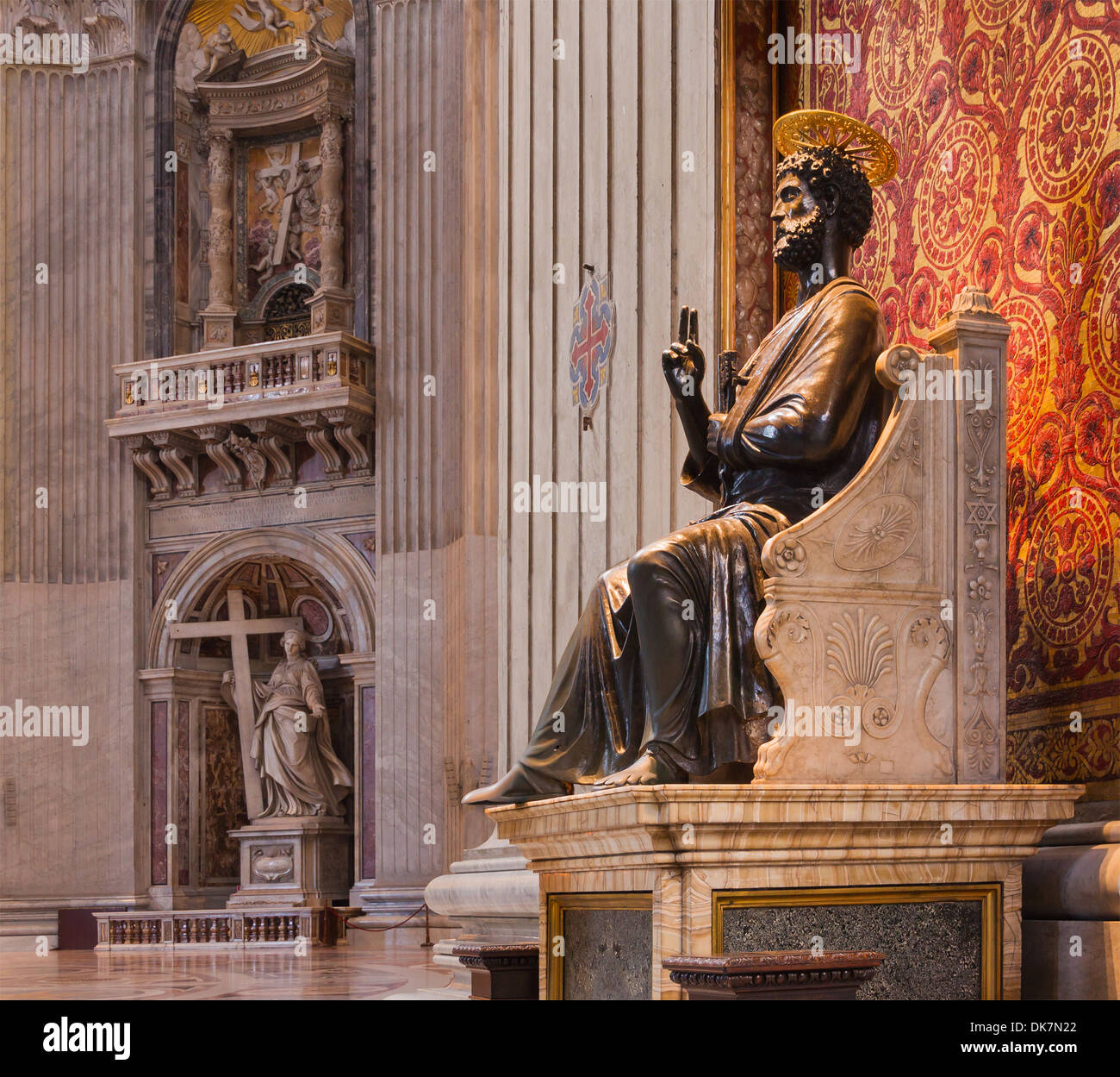 Statue of Saint Peter by Arnolfo di Cambio, in the Saint Peter's Basilica. In background, the statue of Saint Helena of Constant Stock Photo