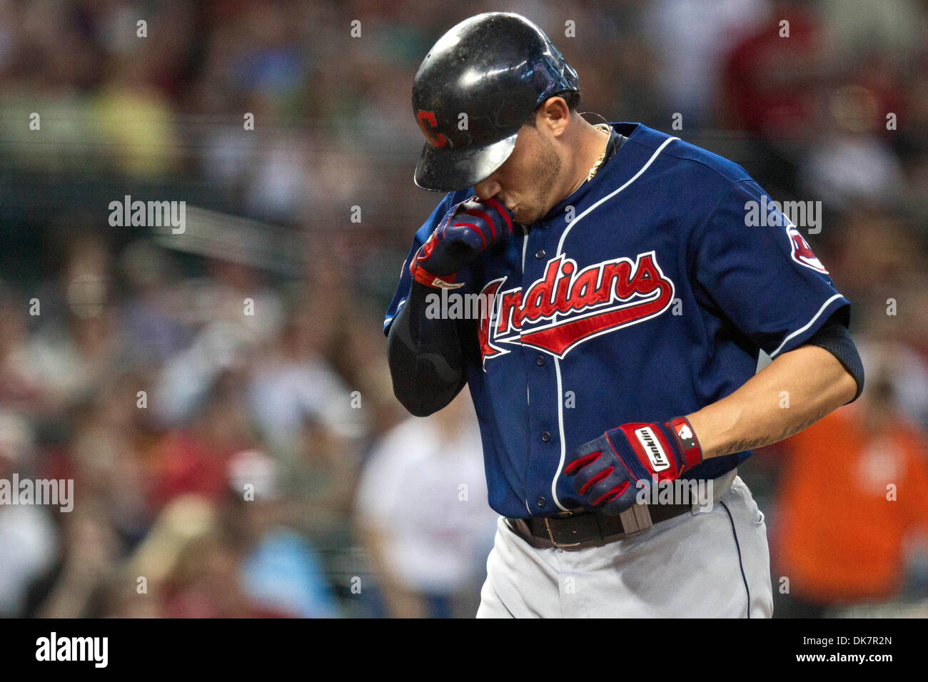 June 27, 2011 - Phoenix, Arizona, U.S - Cleveland Indians' short stop Asdrubal Cabrera (13) celebrates after hitting 2 run homer in the first inning of a game against the Arizona Diamondbacks. The Indians defeated the Diamondbacks 5-4 in the first of a three game series at Chase Field in Phoenix, Arizona. (Credit Image: © Chris Pondy/Southcreek Global/ZUMAPRESS.com) Stock Photo