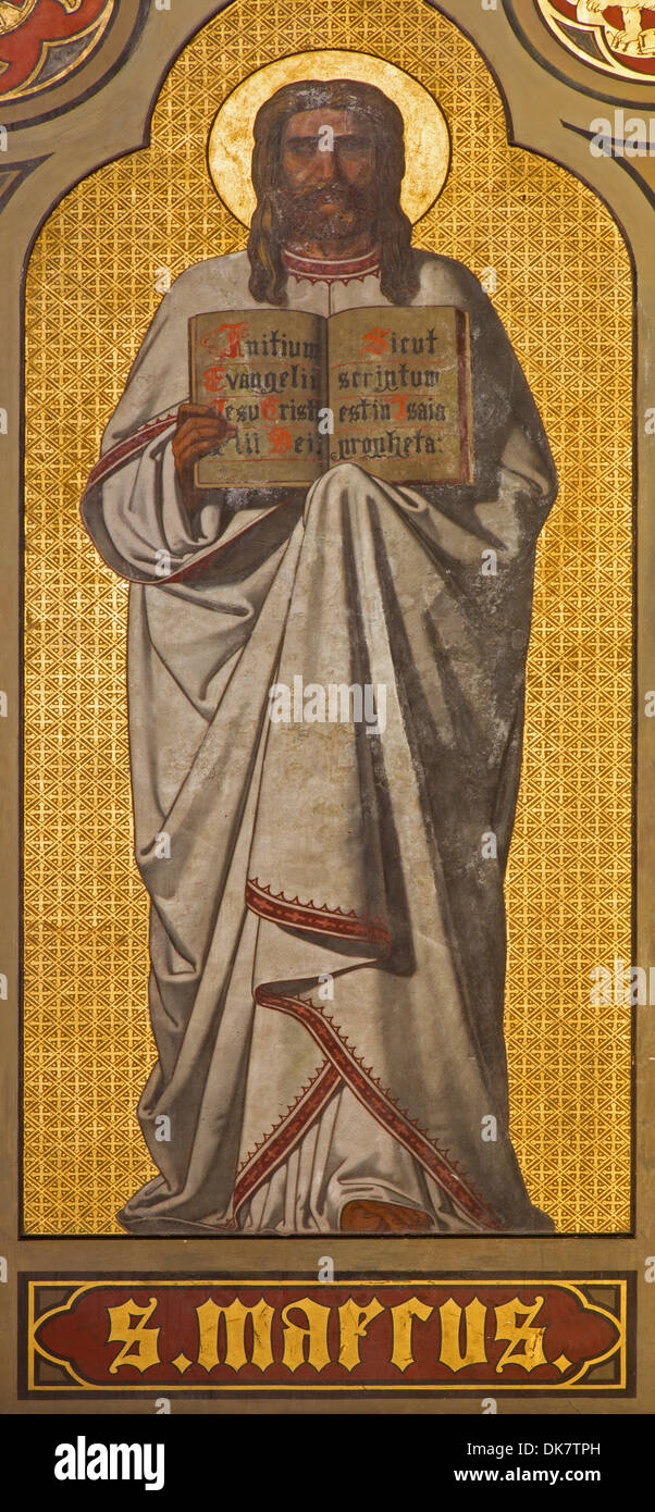 ANTWERP, BELGIUM - SEPTEMBER 5: Fresco of st. Mark the Evangelist in presbytery of Joriskerk Stock Photo