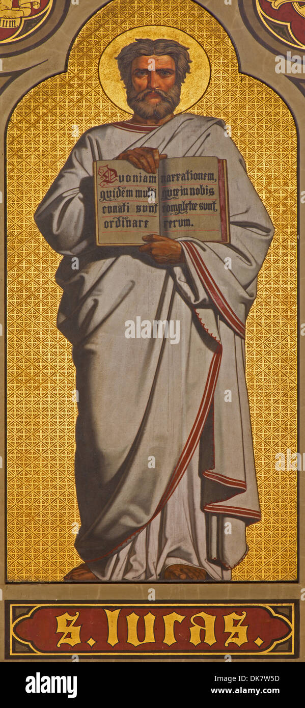 ANTWERP, BELGIUM - SEPTEMBER 5: Fresco of st. Luke the Evangelist in presbytery of Joriskerk Stock Photo