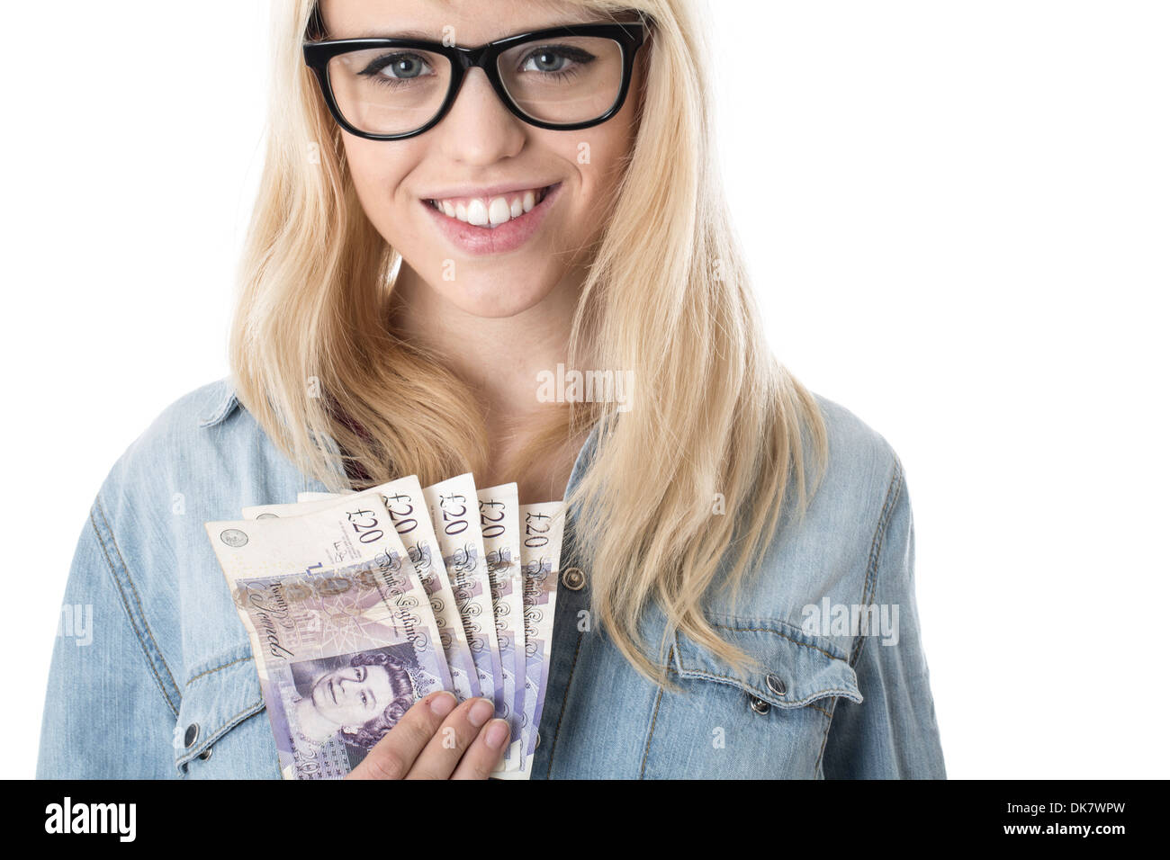 Young Woman Holding Money Stock Photo