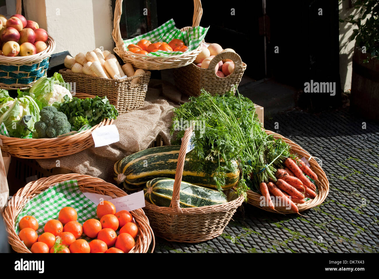 A traditional fruit and vegetable display in Bishops Castle, Shropshire. Stock Photo
