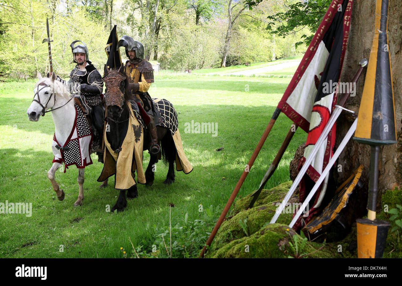 People take part in rehearsals for a Medieval Fayre at Traquair House, Innerleithen, Scotland. Stock Photo