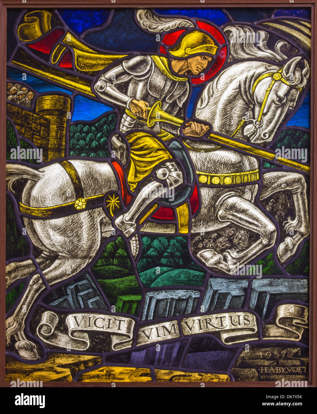 ANTWERP, BELGIUM - SEPTEMBER 5: Windowpane of duel of St. Georeg with the Devil in Joriskerk or st. George church Stock Photo