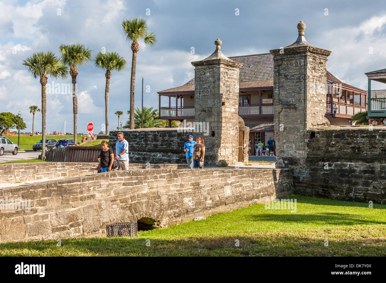The Old City Gate, made from coquina stone, is the original north entrance to historic downtown St. Augustine Stock Photo