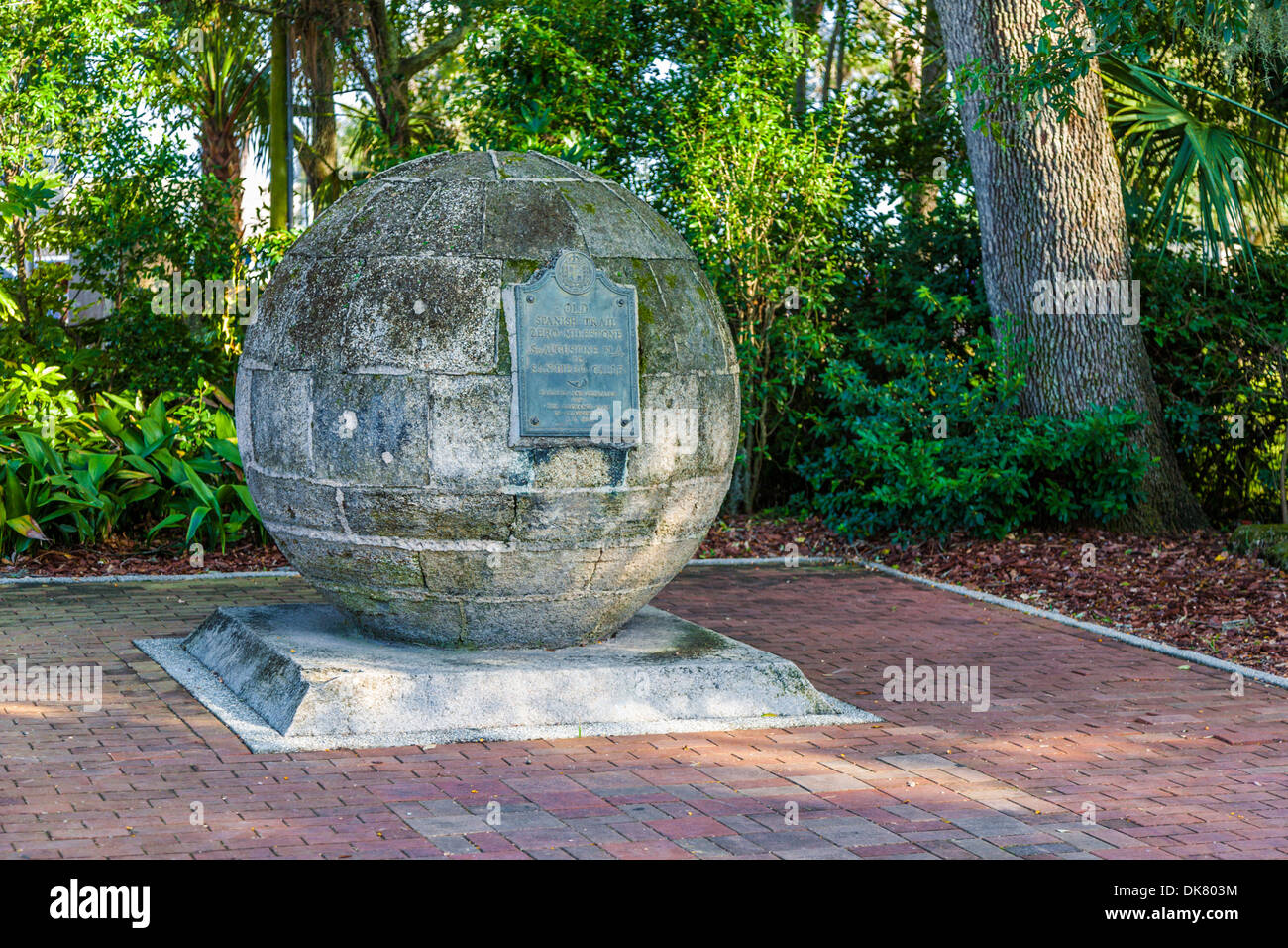 0 mile marker marks the beginning of the Old Spanish Trail, a road from St. Augustine, Florida to San Diego, California Stock Photo