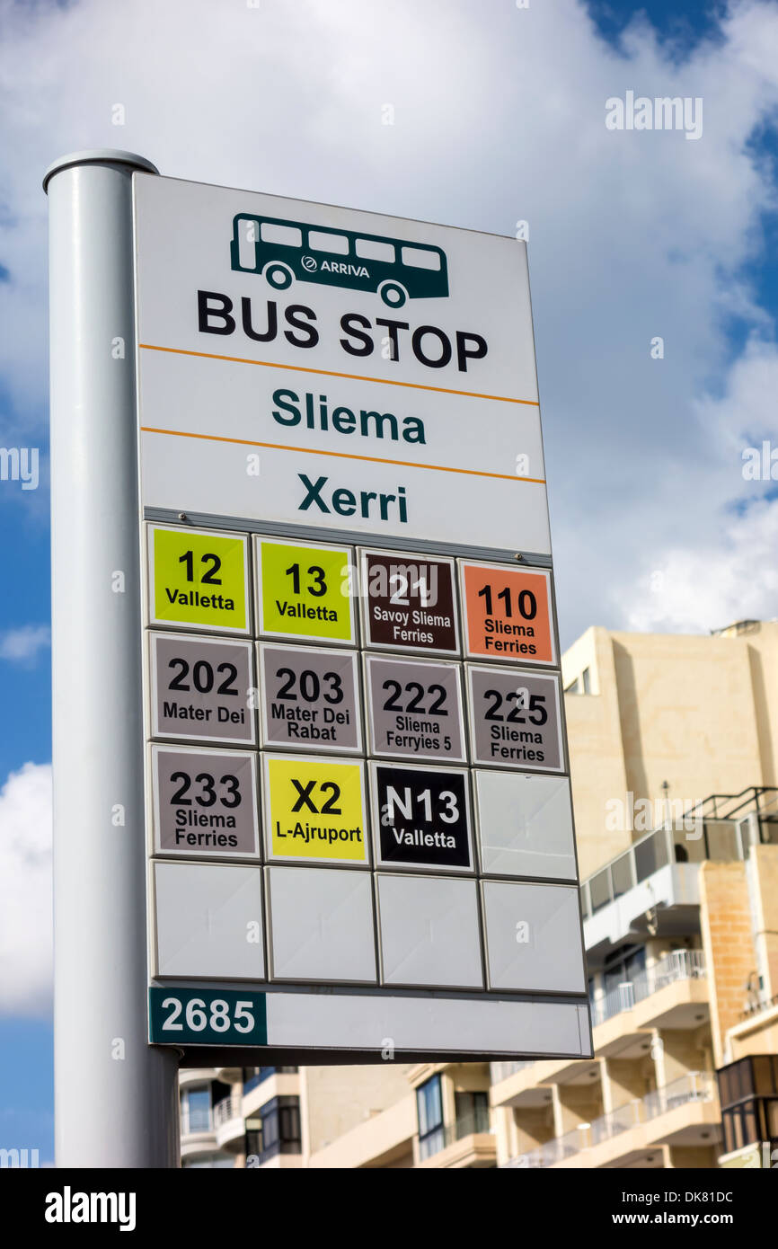 Arriva passenger bus stop sign, Xerri Sliema Malta Europe, stopping at Valletta Mater Dei and L-Ajruport Stock Photo