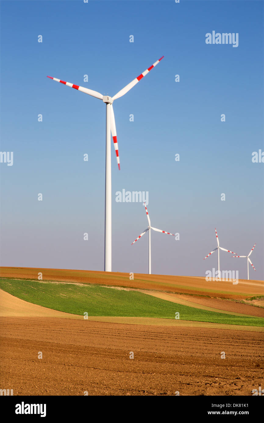 Wind turbine and autumn fields in east Austria Stock Photo