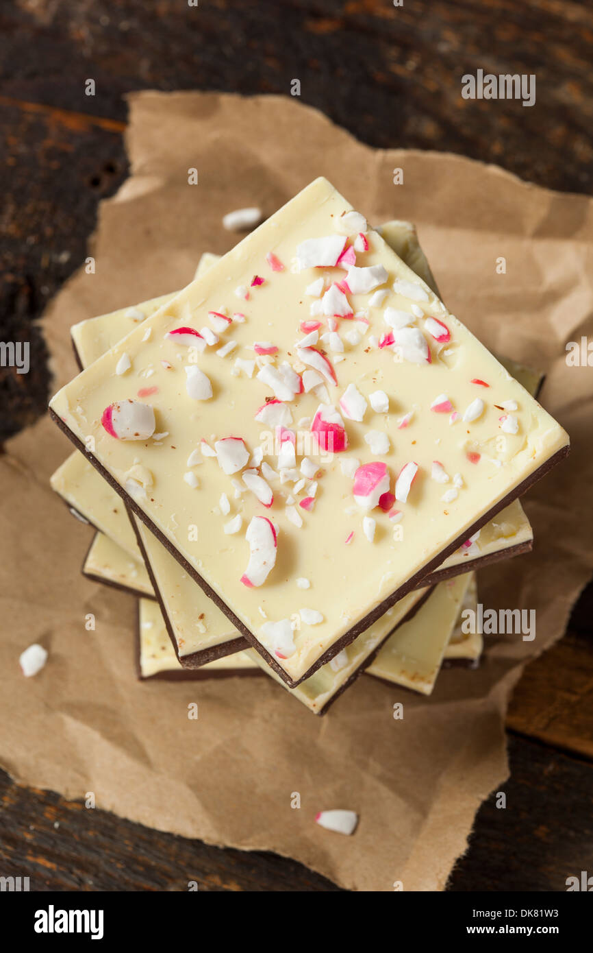 Homemade Christmas Peppermint Bark Dessert with White Chocolate Stock Photo