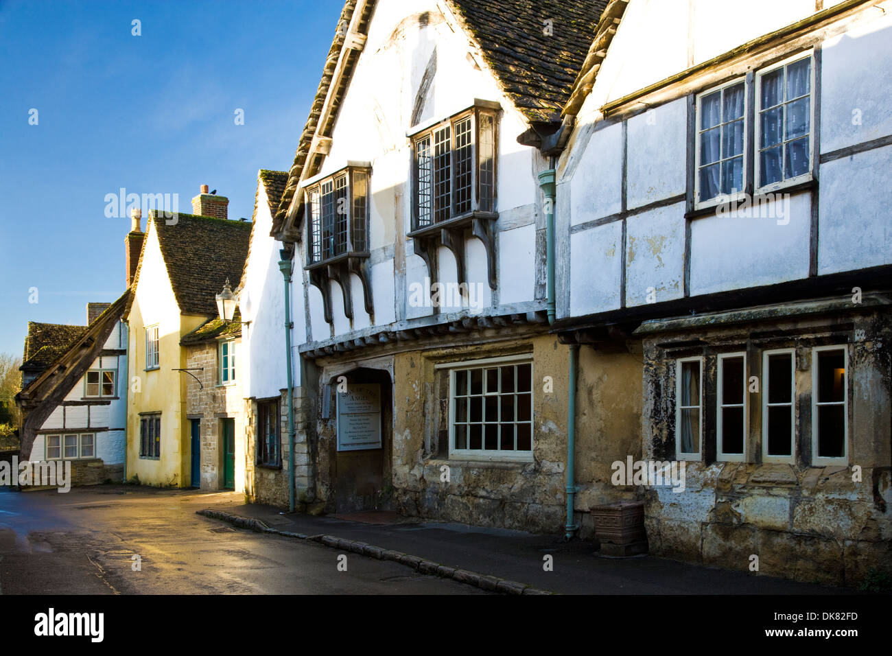 At the Sign of the Angel, one of the most famous medieval houses in the Wiltshire village of Lacock. Stock Photo