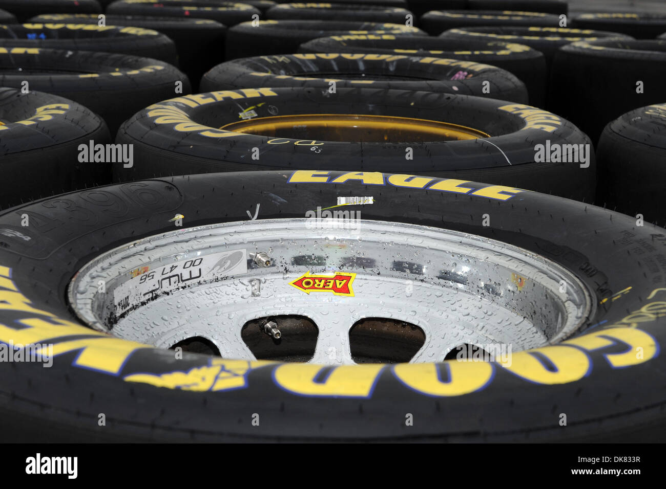 July 8, 2011 - Sparta, Kentucky, U.S - Goodyear tires sit in stacks covered in rain for the Feed The Children 300 at the Kentucky Speedway in Sparta, Kentucky. Rain came through in the morning washing out practice. (Credit Image: © Michael Johnson/Southcreek Global/ZUMAPRESS.com) Stock Photo