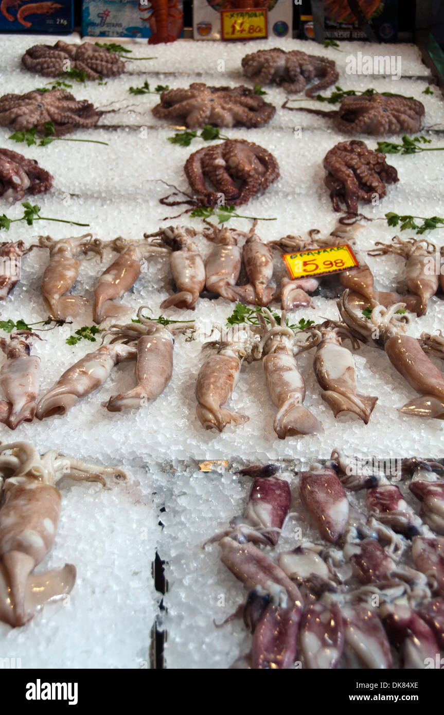 Athens market stall selling seafood Stock Photo Alamy