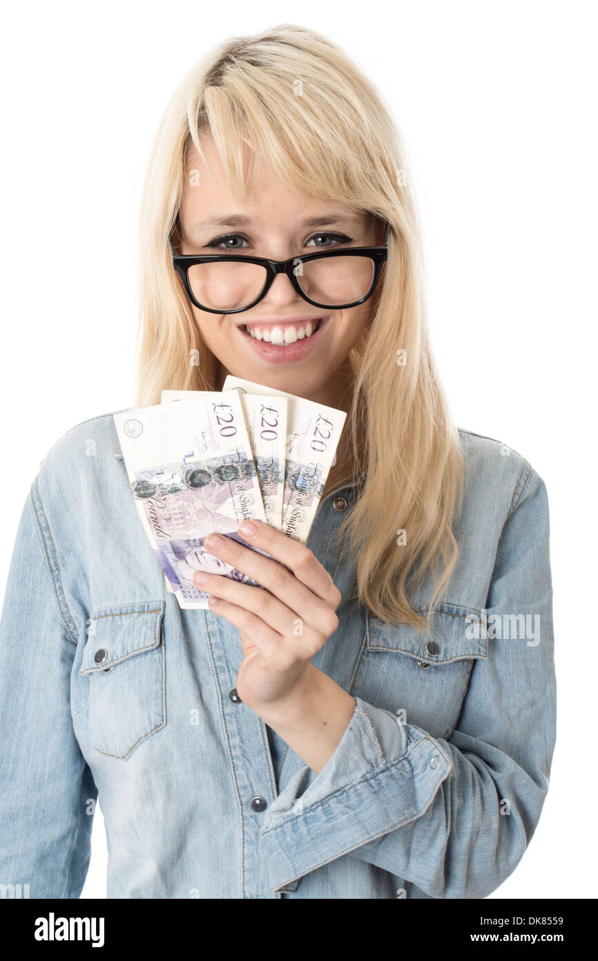 Young Woman Holding Money Stock Photo