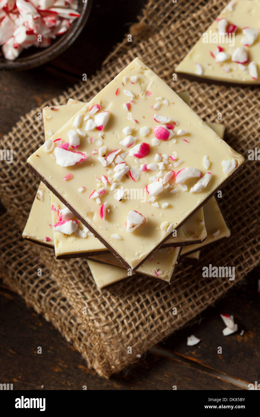 Homemade Christmas Peppermint Bark Dessert with White Chocolate Stock Photo