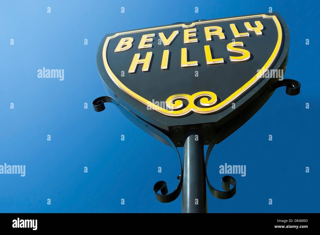 Beverly Hills sign in Los Angeles close-up view with beautiful blue sky in background Stock Photo