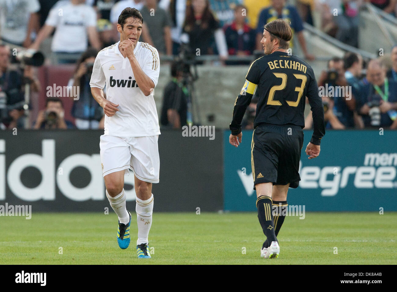 July 16, 2011 - Los Angeles, California, U.S - Real Madrid C.F. midfielder Kaka #8 (L) has a quick word with Los Angeles Galaxy midfielder David Beckham #23 (R) during the World Football Challenge game between La Liga powerhouse Real Madrid and the Los Angeles Galaxy at the Los Angeles Memorial Coliseum. Real Madrid went on to defeat the Galaxy with a final score of 4-1. (Credit Im Stock Photo