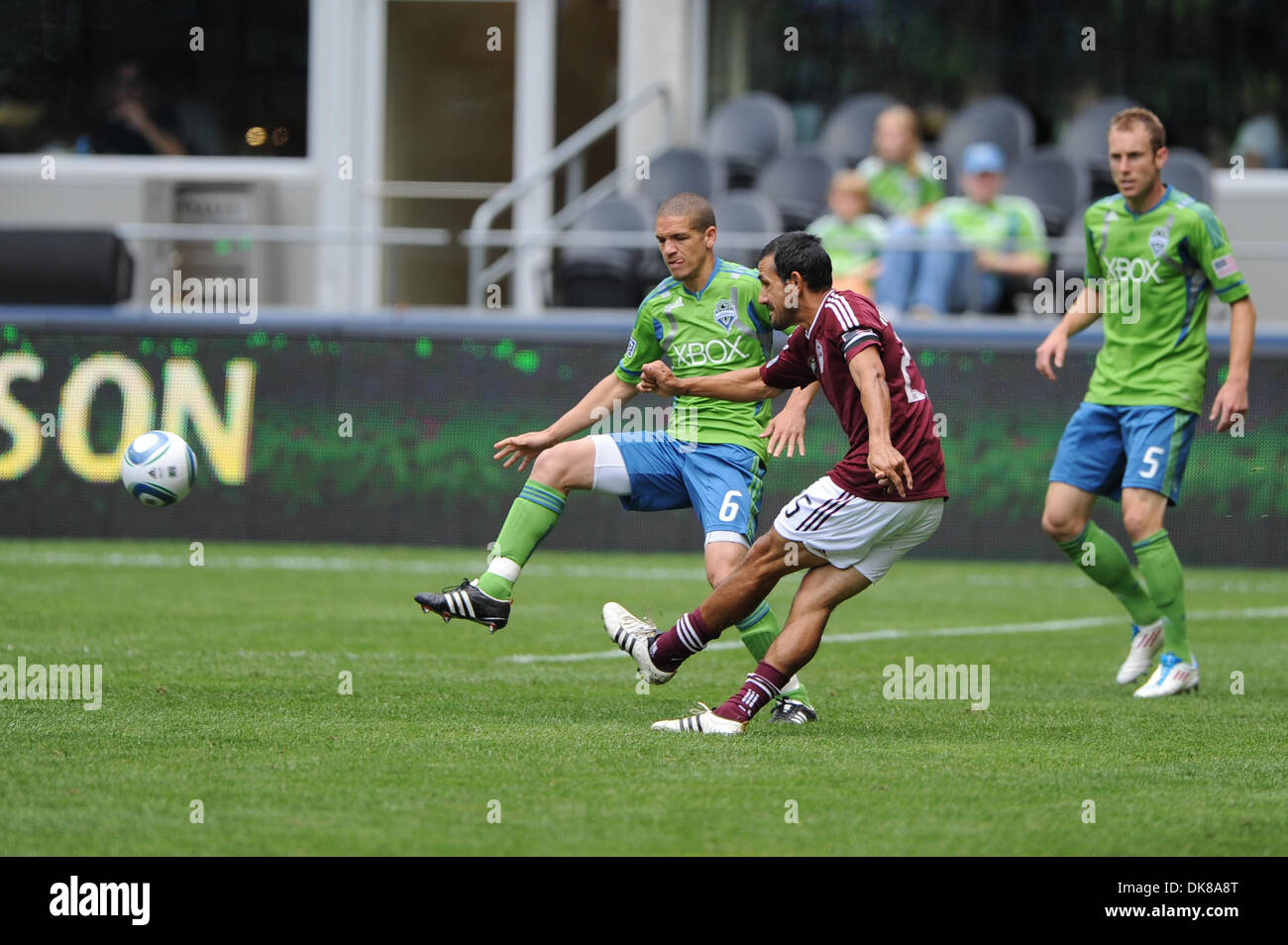 July 16, 2011 - Seattle, Washington, United States of America - Seattle Sounders Midfielder, Osvaldo Alonso (6) attempts to close down a Pablo Mastroeni (25) crossduring the 1st half of the Colorado Rapids vs. Seattle Sounders FC at CenturyLink Field. Colorado leads 2-1 at halftime (Credit Image: © Chris Coulter/Southcreek Global/ZUMApress.com) Stock Photo