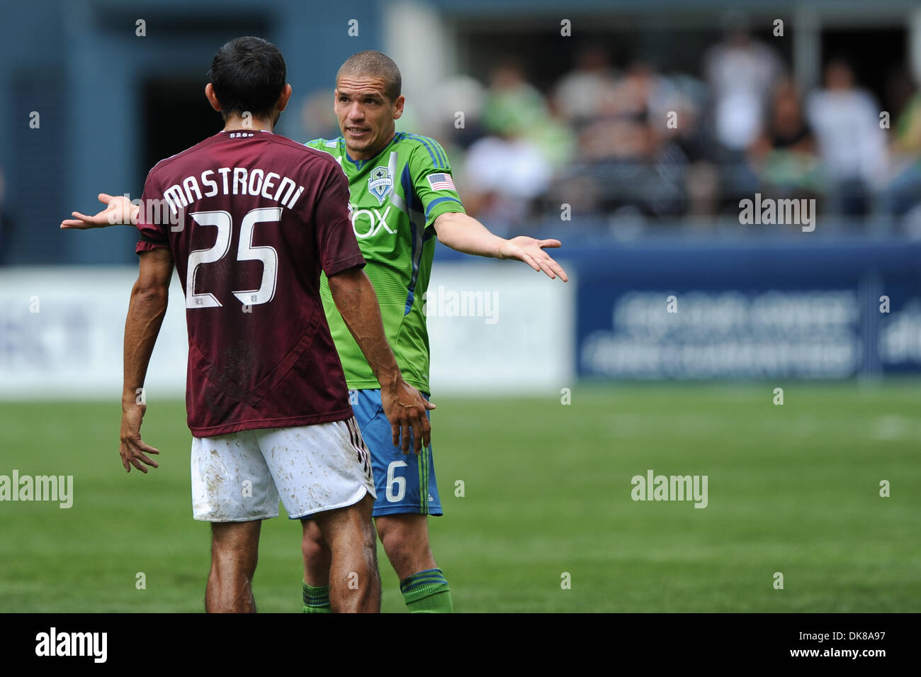 July 16, 2011 - Seattle, Washington, United States of America - Seattle Sounders Midfielder, Osvaldo Alonso (6) and Pablo Mastroeni (25) exchange words during the 1st half of the Colorado Rapids vs. Seattle Sounders FC at CenturyLink Field. Colorado leads 2-1 at halftime (Credit Image: © Chris Coulter/Southcreek Global/ZUMApress.com) Stock Photo