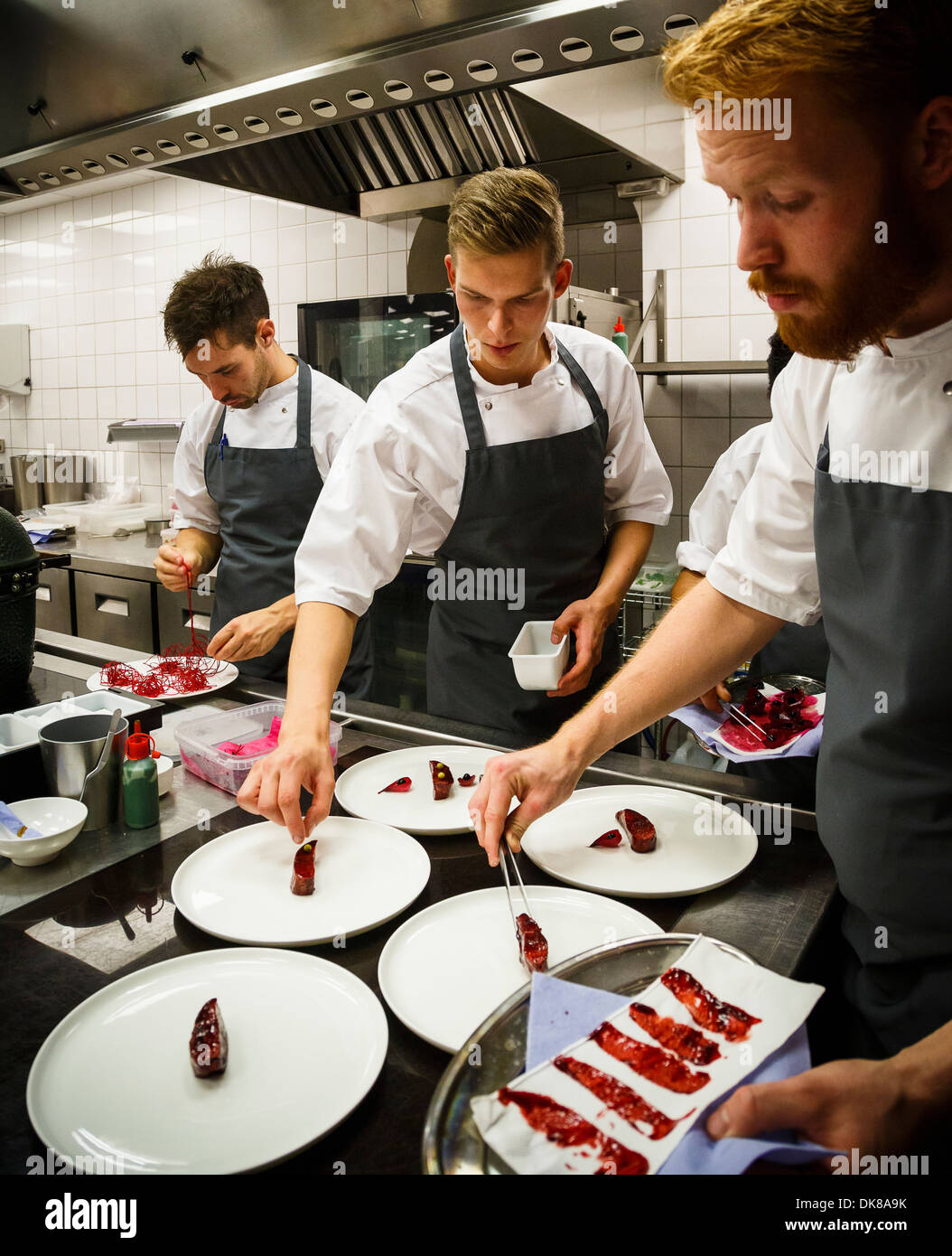 Cooks at work in the kitchen at AOC Restaurant, Copenhagen, Denmark. Stock Photo