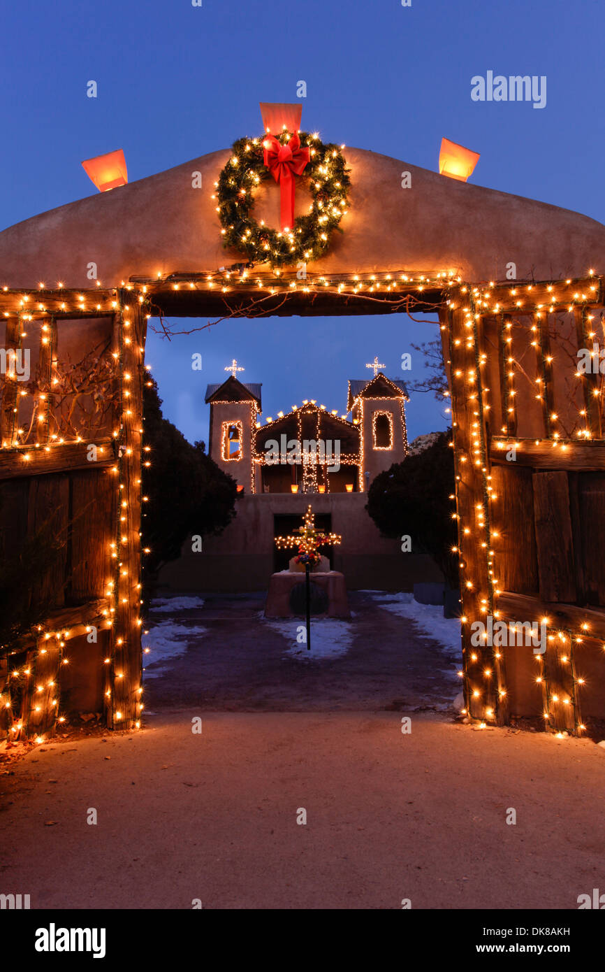 Santa Fe, New Mexico, United States. . Santurario de Chimayo lit up for Christmas. Stock Photo